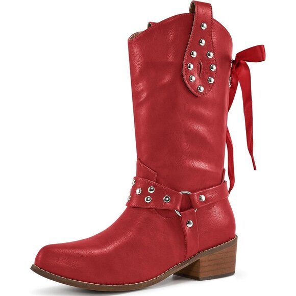 Shoes - Women's Red Western Leather Mid Calf Fashion Chunky Cowgirl Pointed Toe Boot